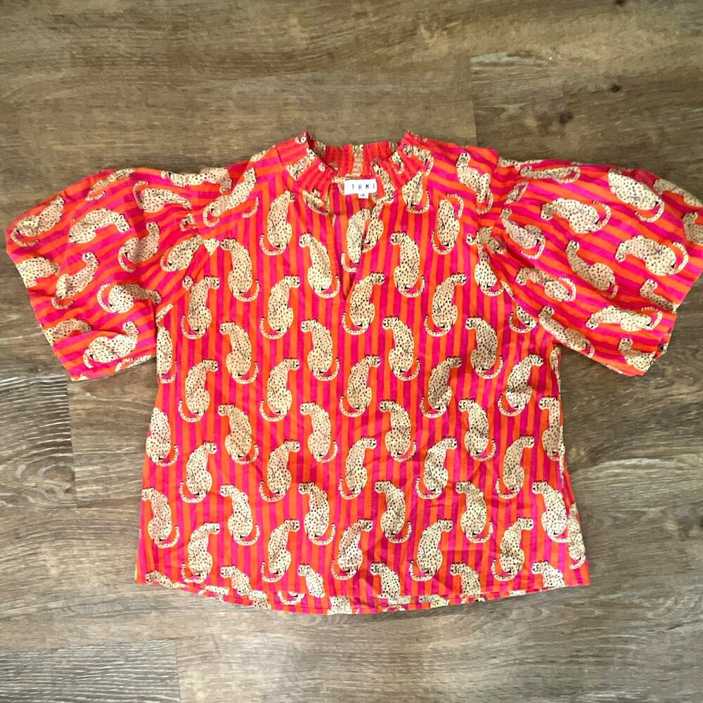 THML Animal Print Blouse Womens M Pink Orange White Puff Sleeve Round Neck